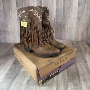NEW Roper Youth Girls 1 Fringes Faux Leather Cowboy Ankle Boots Brown